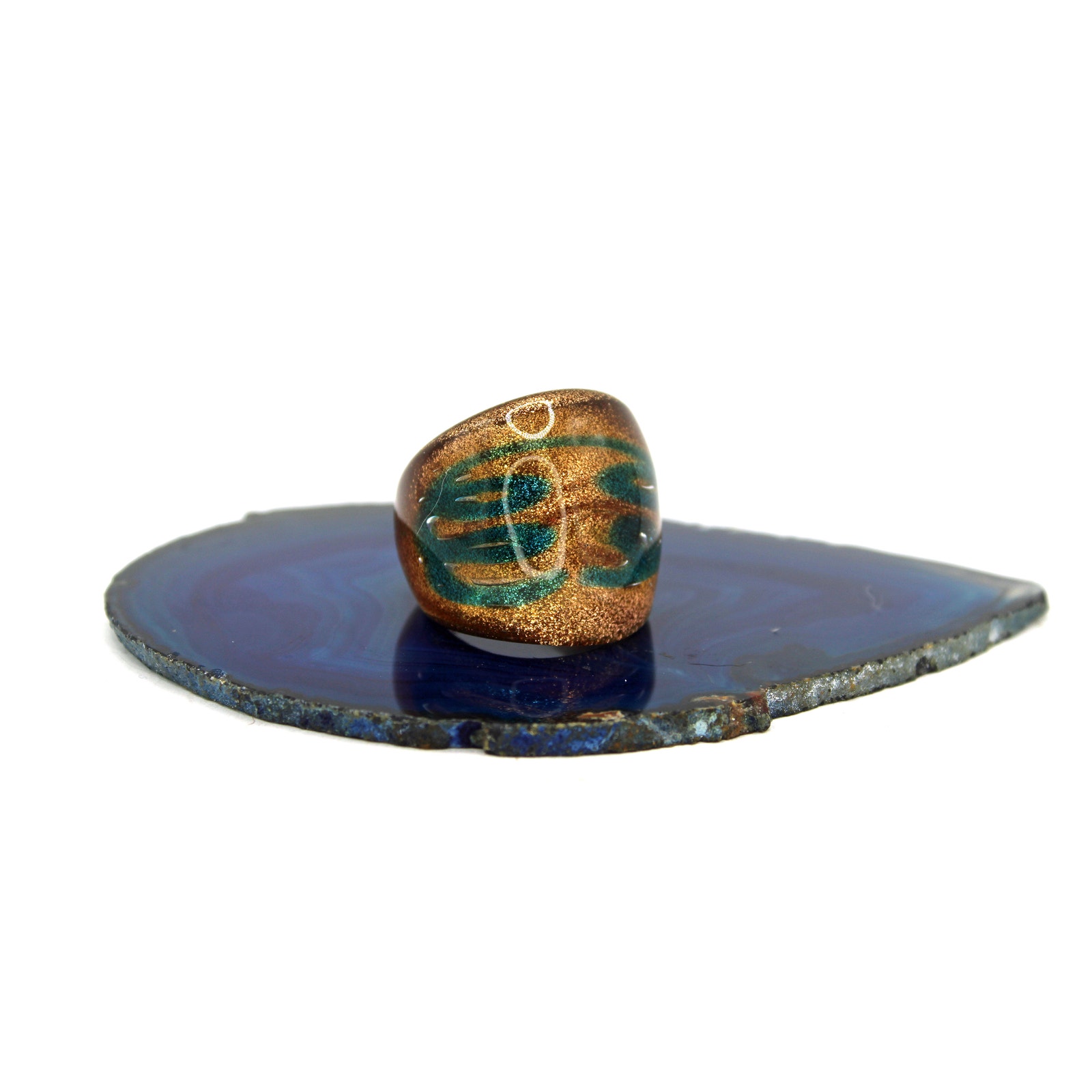 1970s Handblown Green Swirl And Gold Glitter Glass Ring 18$